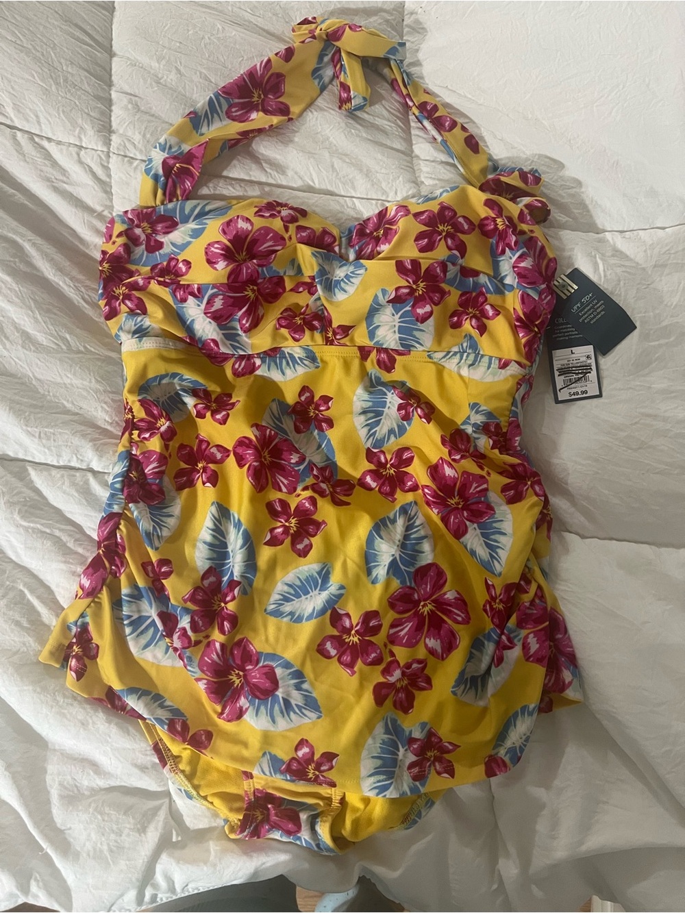 Yellow Floral Halter One-Piece Swimsuit size L